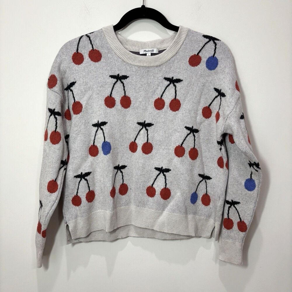 Madewell Cherry Merino Wool Alpaca Sweater Gray Red Women S Whimsical Eclectic
